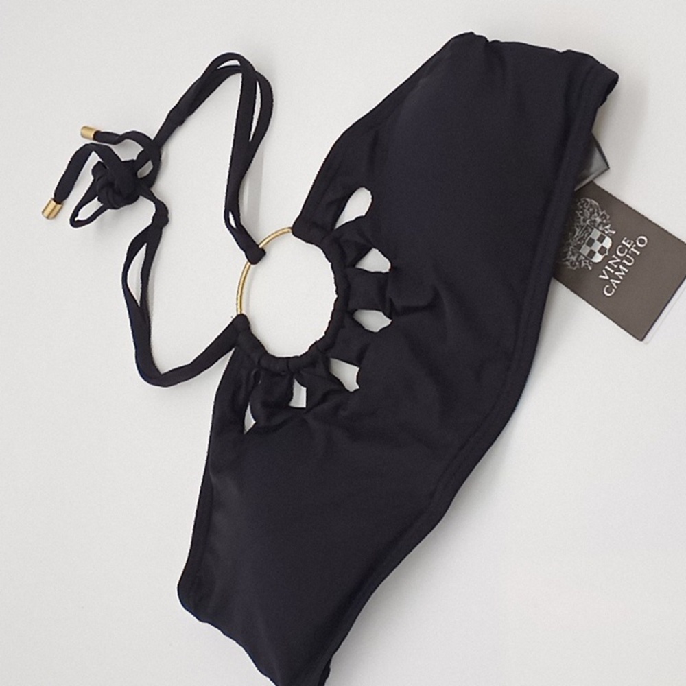 Vince Camuto Serengetiβ Logo-Ring Cutout Halter Bikini Swim Top Black M